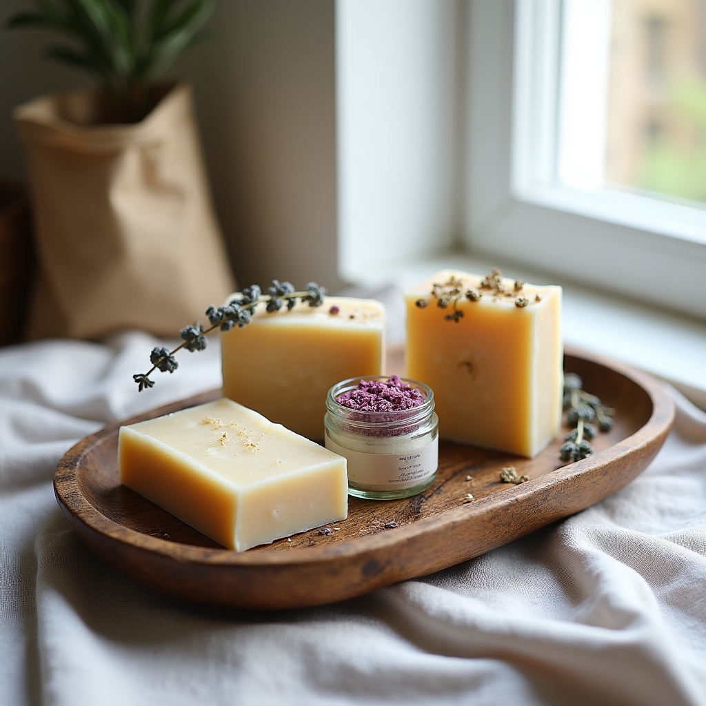 Handcrafted bath products including scrubs, bath salts, and lotion bars displayed on natural linen