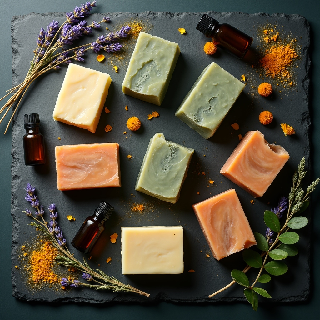 Natural botanical ingredients arranged around handcrafted cold process soap bars